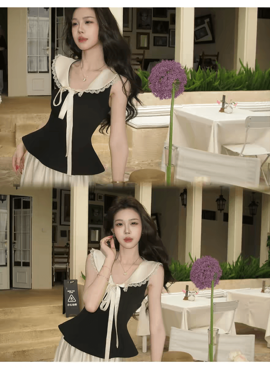 무쯔리 목자이 ~ 중 리 프랑스식 레트로 스타일 민소매 폴로 칼라 레이스 레이스 배색 허리 수축 맨위 새틴 반신 스커트 여름 상세 이미지 4