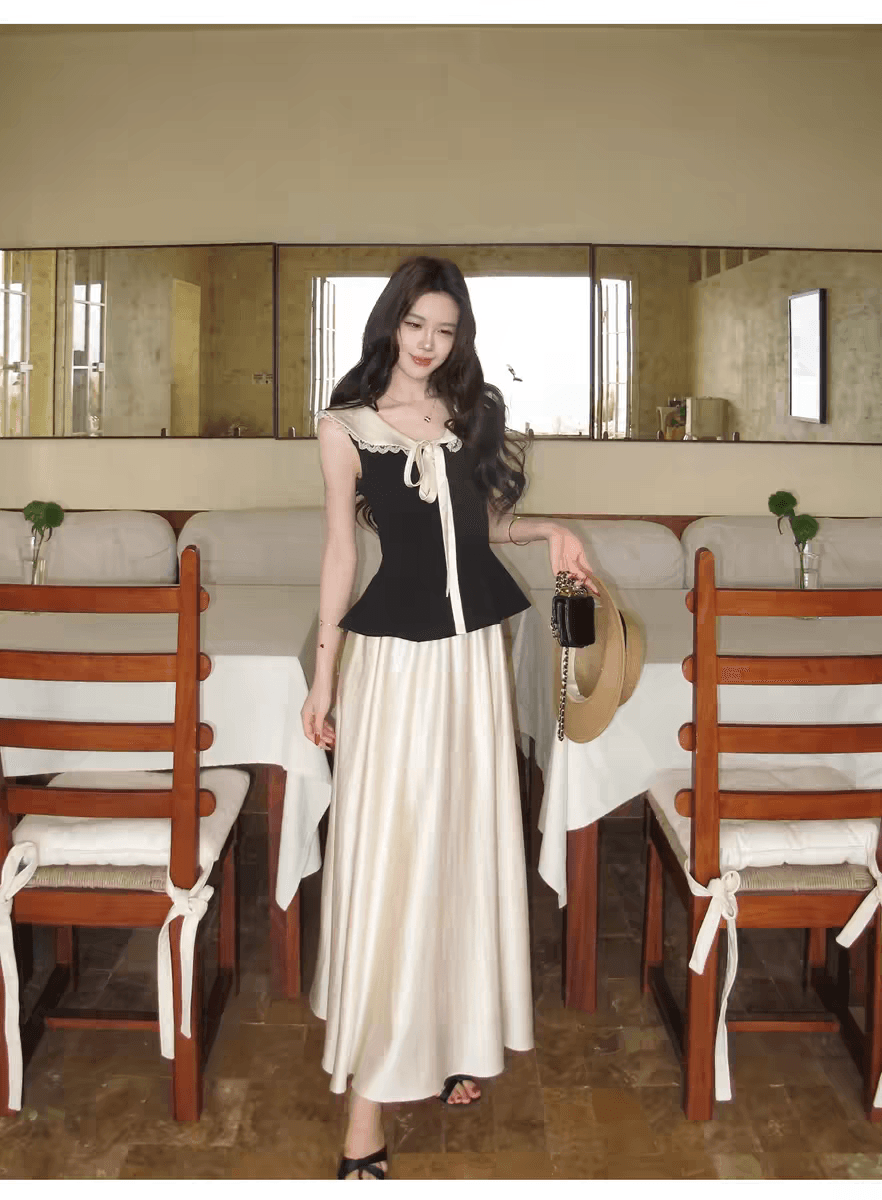 무쯔리 목자이 ~ 중 리 프랑스식 레트로 스타일 민소매 폴로 칼라 레이스 레이스 배색 허리 수축 맨위 새틴 반신 스커트 여름 상세 이미지 5