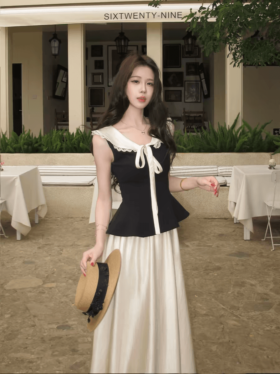무쯔리 목자이 ~ 중 리 프랑스식 레트로 스타일 민소매 폴로 칼라 레이스 레이스 배색 허리 수축 맨위 새틴 반신 스커트 여름 상세 이미지 9