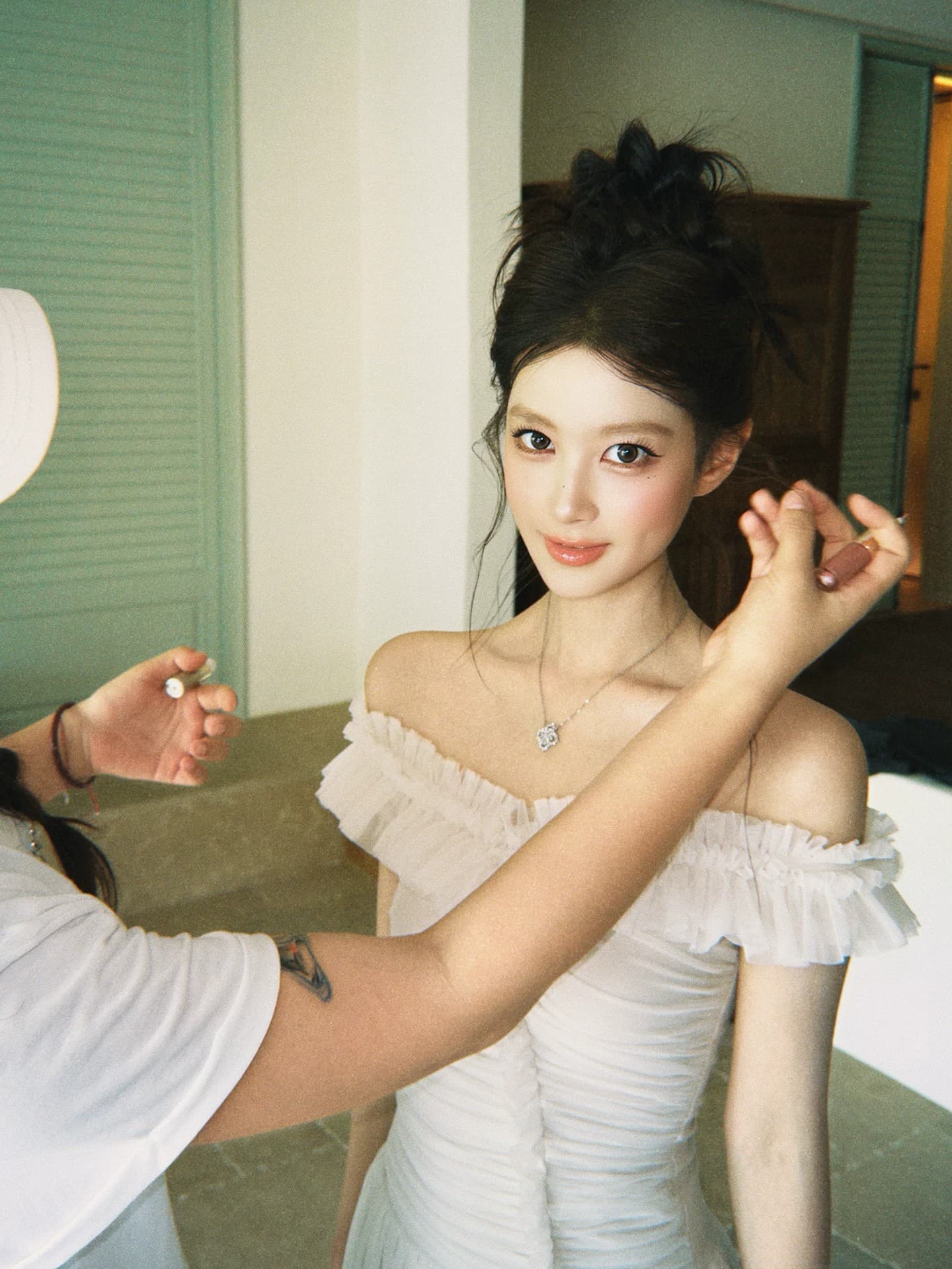 감사합니다. 아니요 고기 프릴 오프숄더 망사 여성 드레스 여름 프랑스식 품격 고급 센스 몸매 가꾸기 한 마디 롱 스커트 이미지 3