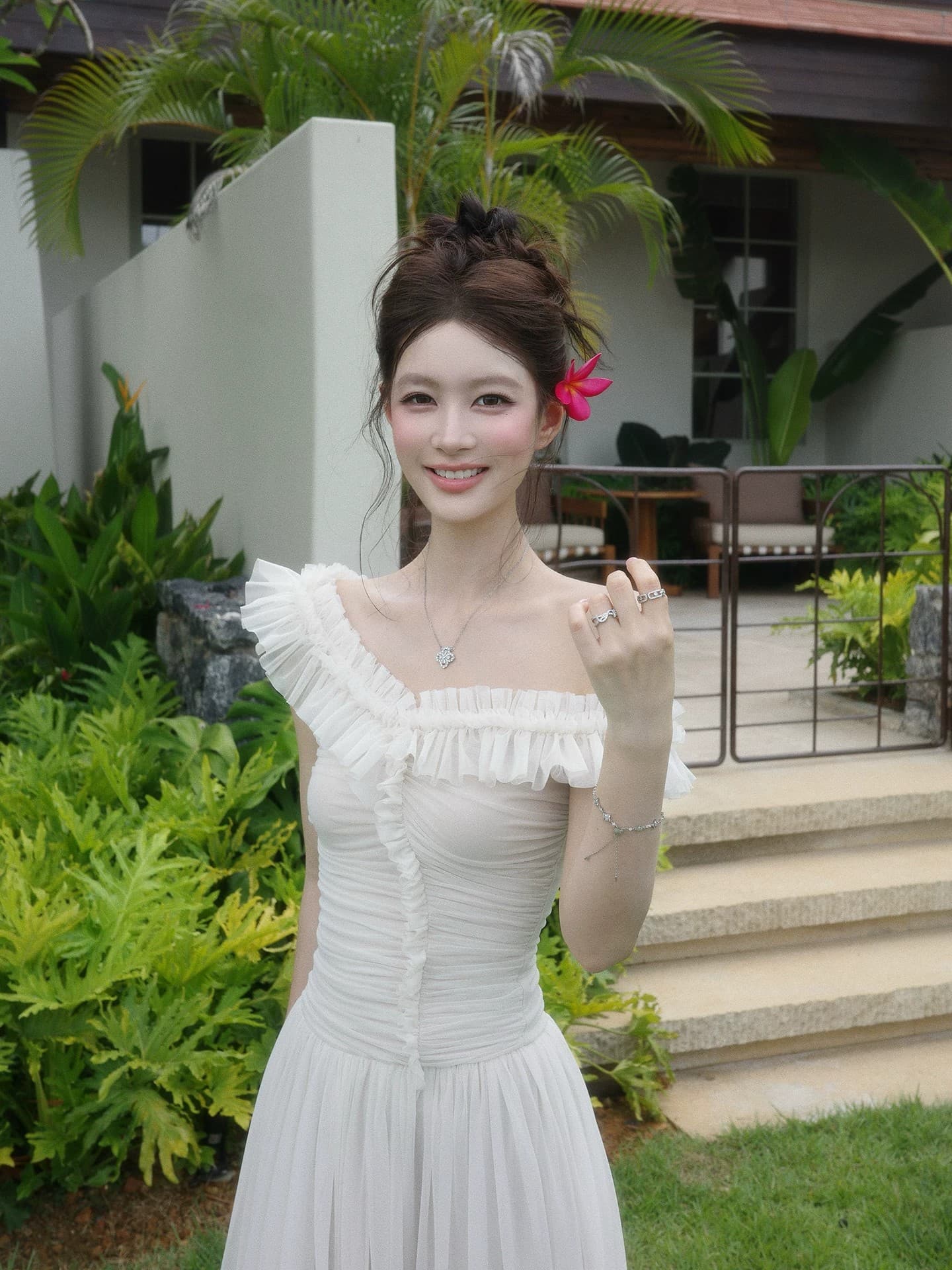 감사합니다. 아니요 고기 프릴 오프숄더 망사 여성 드레스 여름 프랑스식 품격 고급 센스 몸매 가꾸기 한 마디 롱 스커트 상세 이미지 5