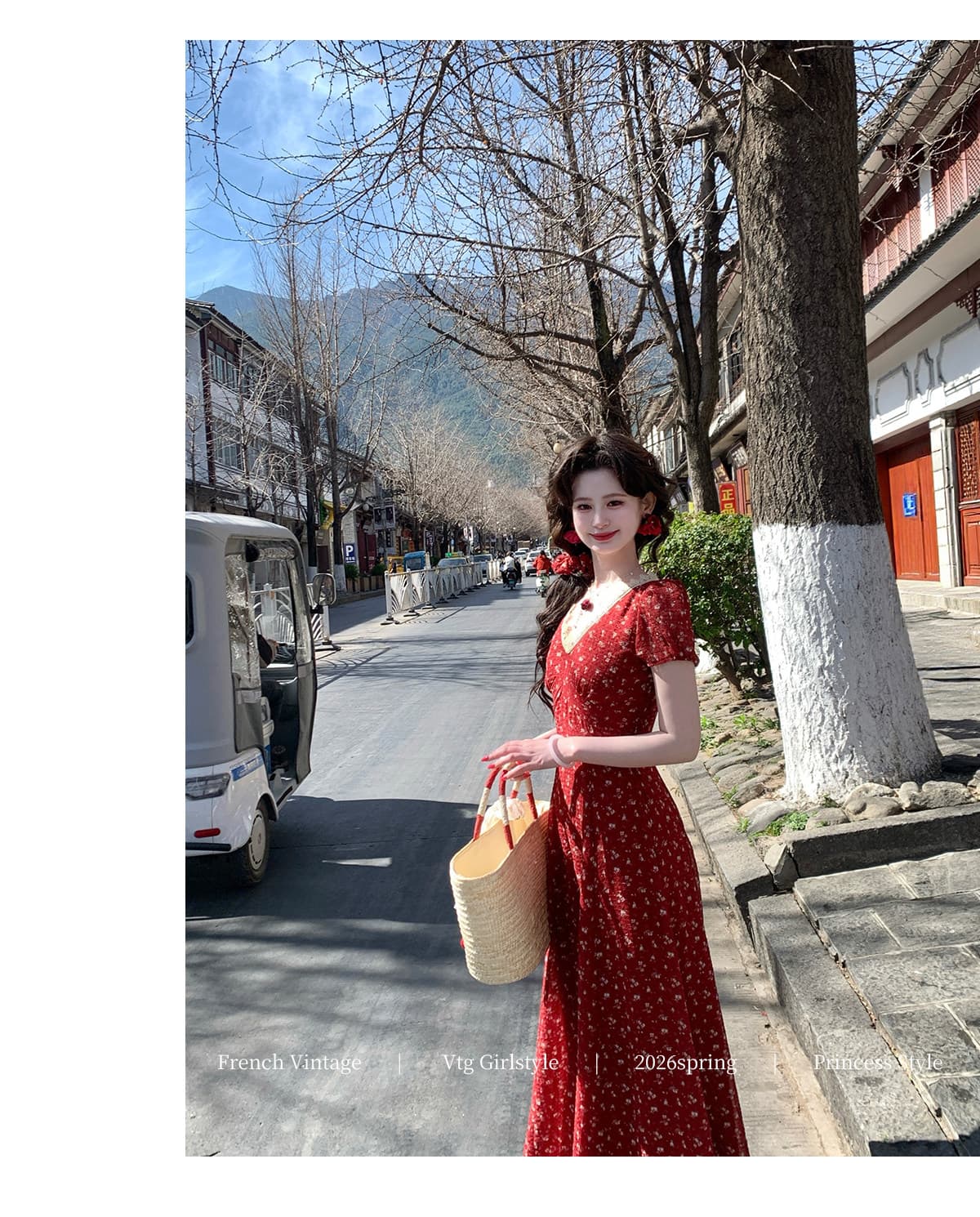 평생 로마의 석류 치마 프랑스식 레트로 V넥 꽃무늬 여성 드레스 이른 봄 새로운 품격 롱 스커트 상세 이미지 16