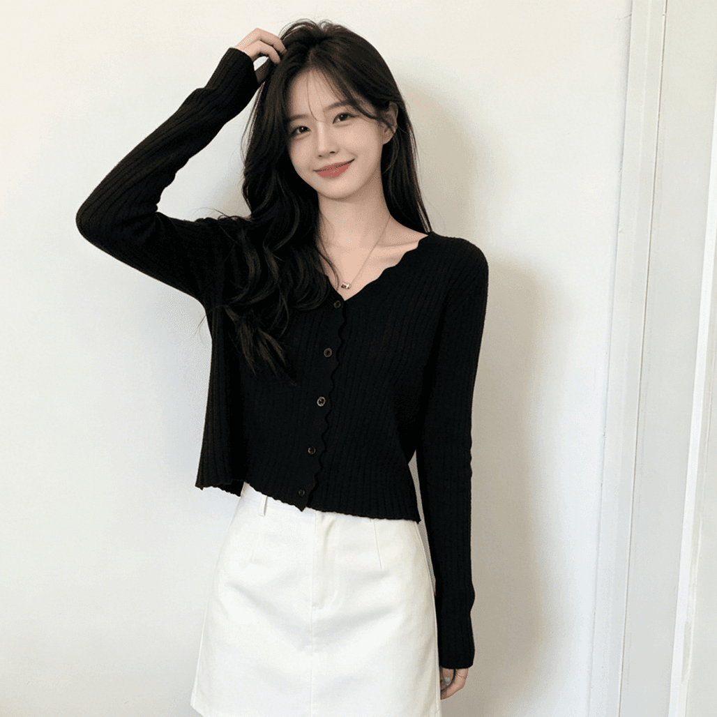실사 chic 한국 봄 V넥 레이스 싱글 줄 버튼 루즈핏 핏 스타일 니트 오픈 가디건 맨위 여성 재킷 긴팔 이미지 5