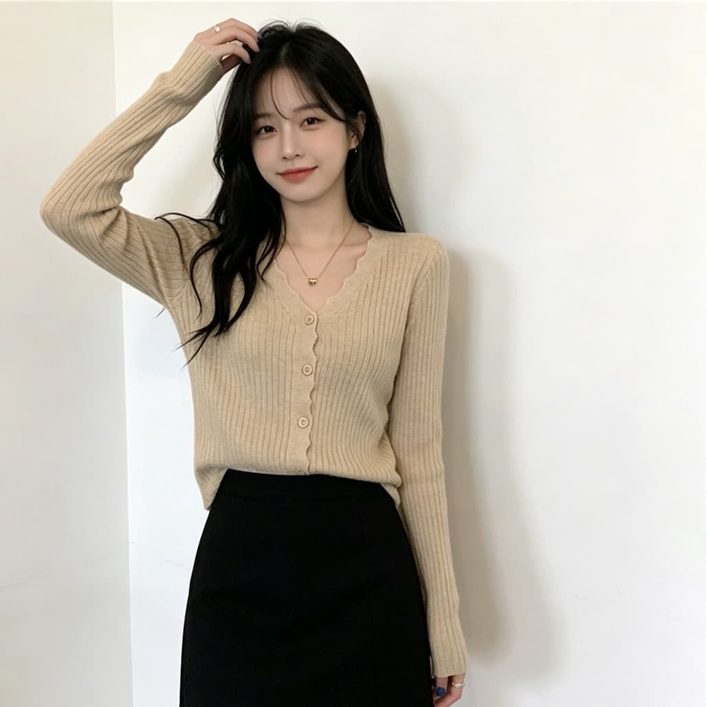 실사 chic 한국 봄 V넥 레이스 싱글 줄 버튼 루즈핏 핏 스타일 니트 오픈 가디건 맨위 여성 재킷 긴팔 이미지 3