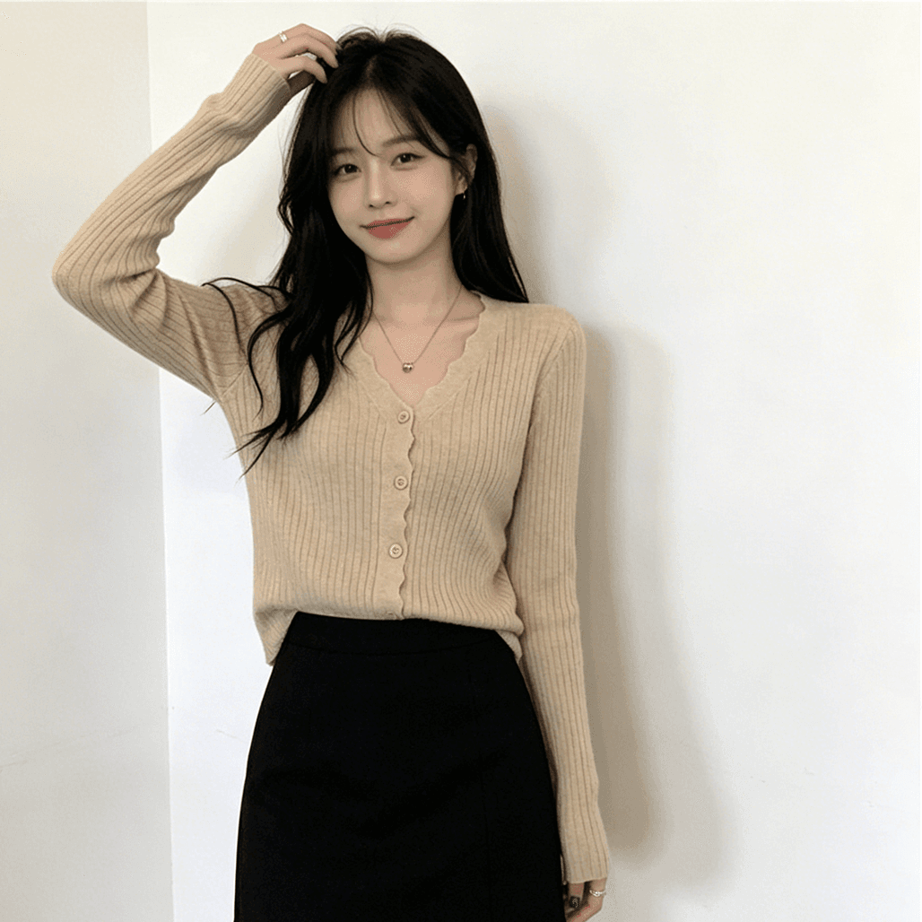 실사 chic 한국 봄 V넥 레이스 싱글 줄 버튼 루즈핏 핏 스타일 니트 오픈 가디건 맨위 여성 재킷 긴팔 상세 이미지 3