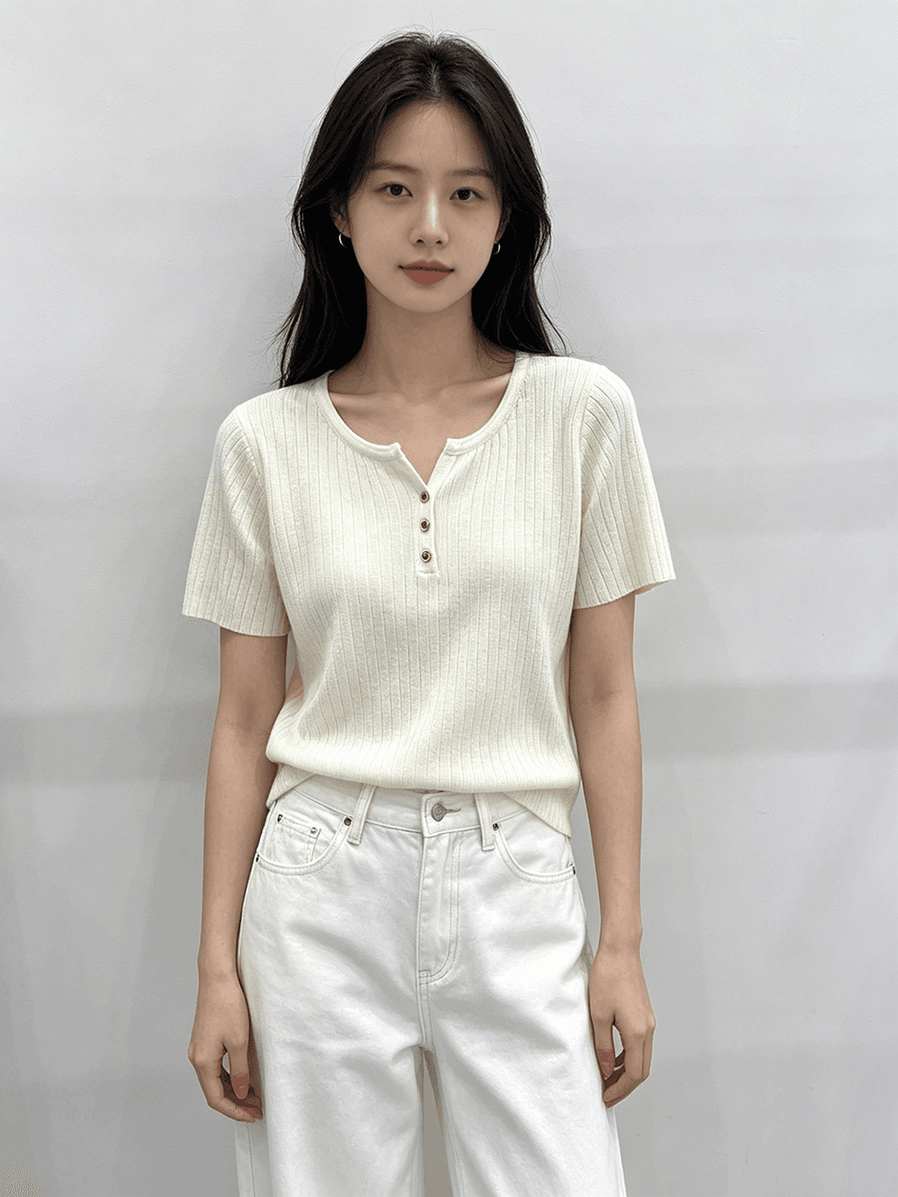 실사 한국 일상 단색 라운드 넥 니트 스웨터 반소매 반팔 맨위 여성 여름 새로운 티셔츠 상세 이미지 2