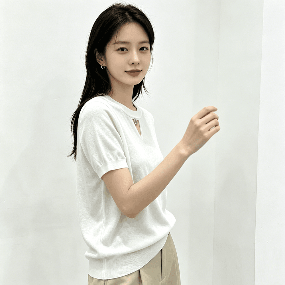 실사 한 부서 일상 라운드 넥 단색 알파벳 장식 니트 스웨터 반팔 맨위 여성 2026 여름 상세 이미지 2