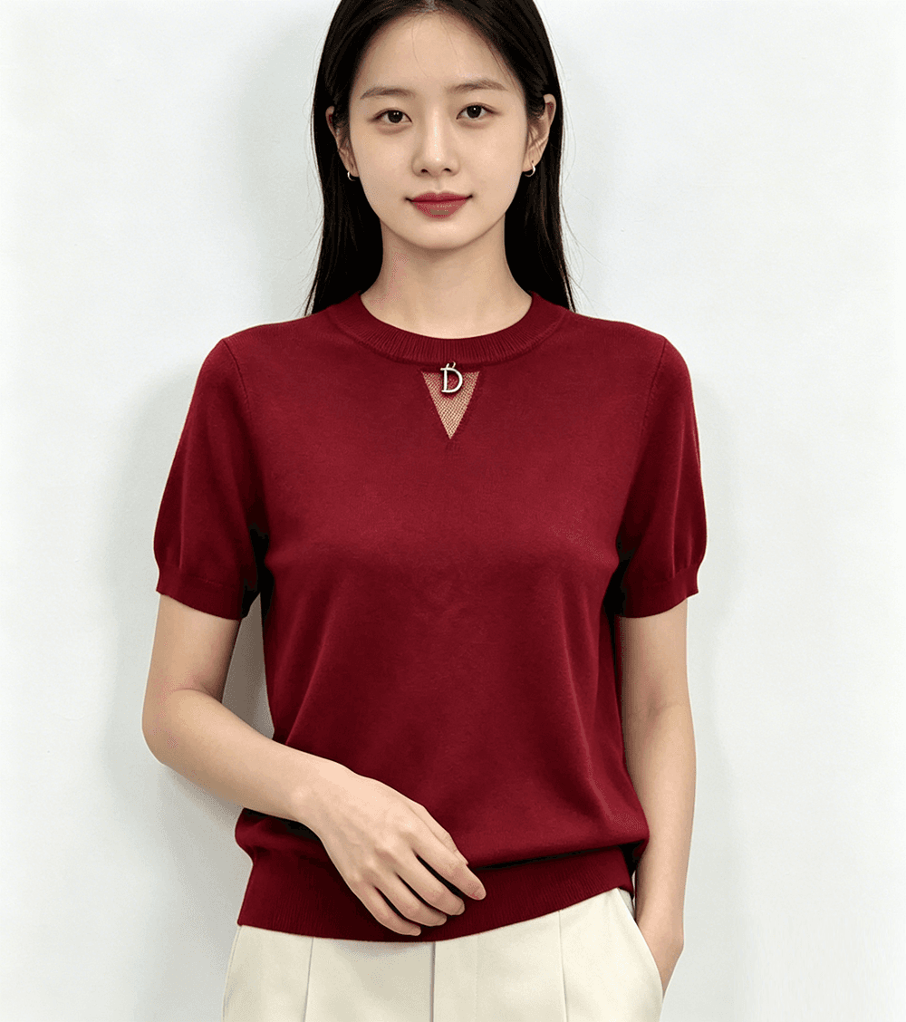 실사 한 부서 일상 라운드 넥 단색 알파벳 장식 니트 스웨터 반팔 맨위 여성 2026 여름 상세 이미지 6