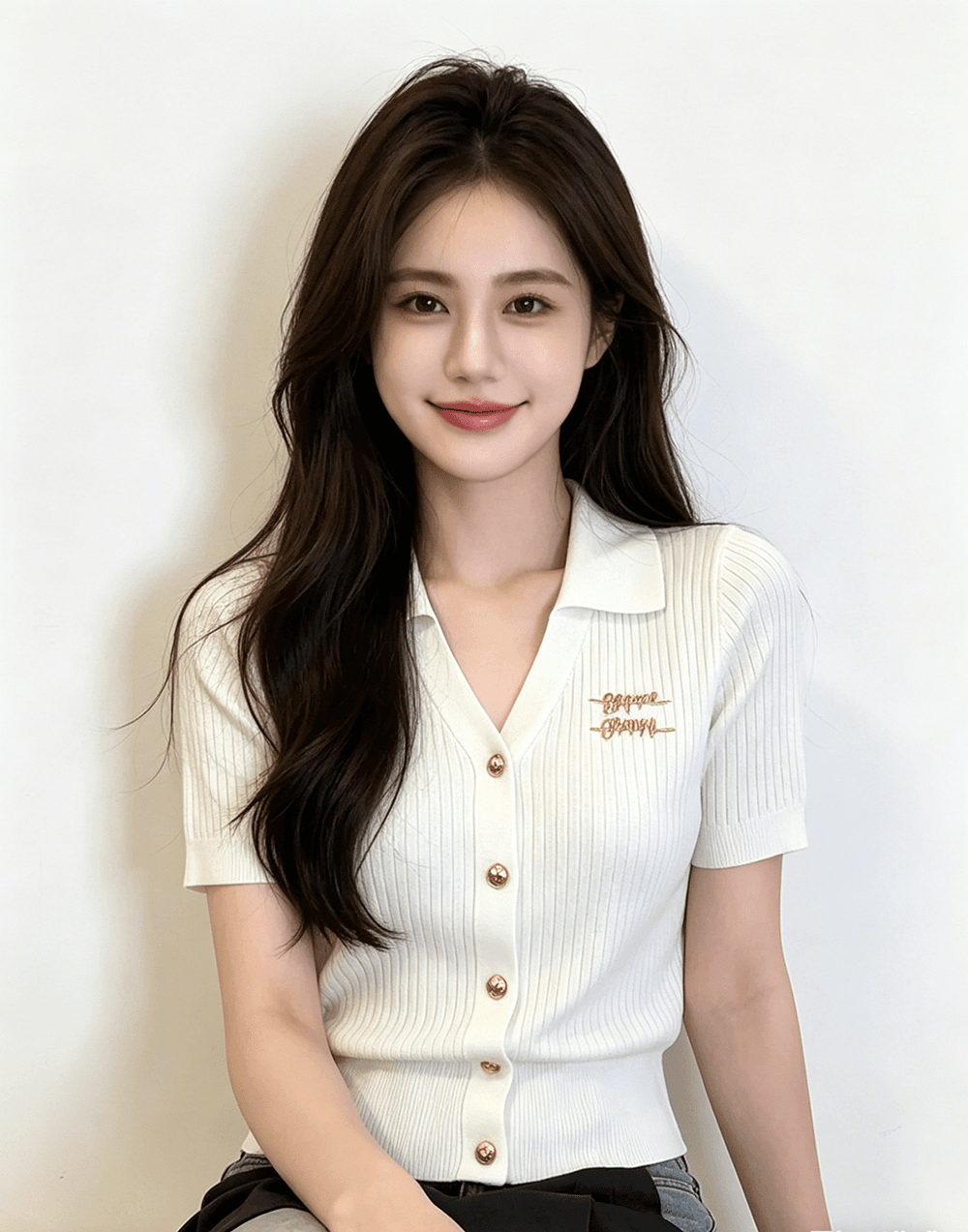 실사 한 부서 작은 v 폴로 칼라 금속 단추 몸매 가꾸기 니트 스웨터 오픈 가디건 여성 셔츠 반팔 티셔츠 상세 이미지 2