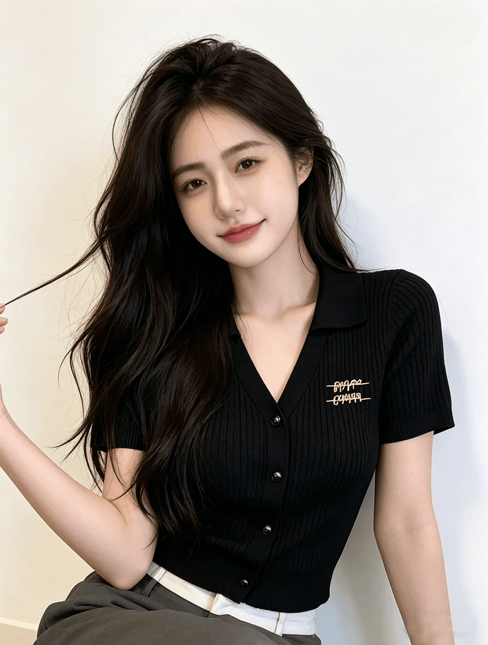 실사 한 부서 작은 v 폴로 칼라 금속 단추 몸매 가꾸기 니트 스웨터 오픈 가디건 여성 셔츠 반팔 티셔츠 상세 이미지 4