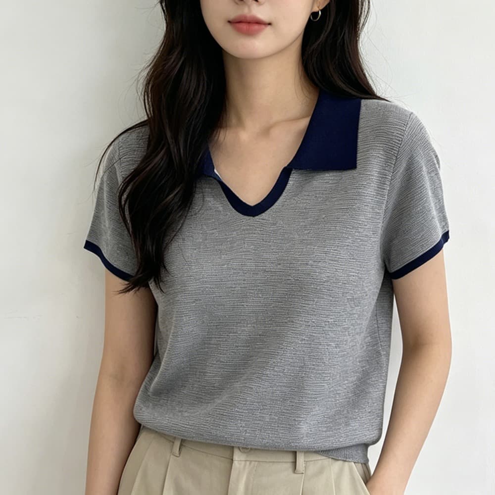 실사 한 부서 학원 스타일 단색 작은 v 폴로 칼라 높음 질감 니트 티셔츠 반팔 2026 여름 반소매 맨위 이미지 3