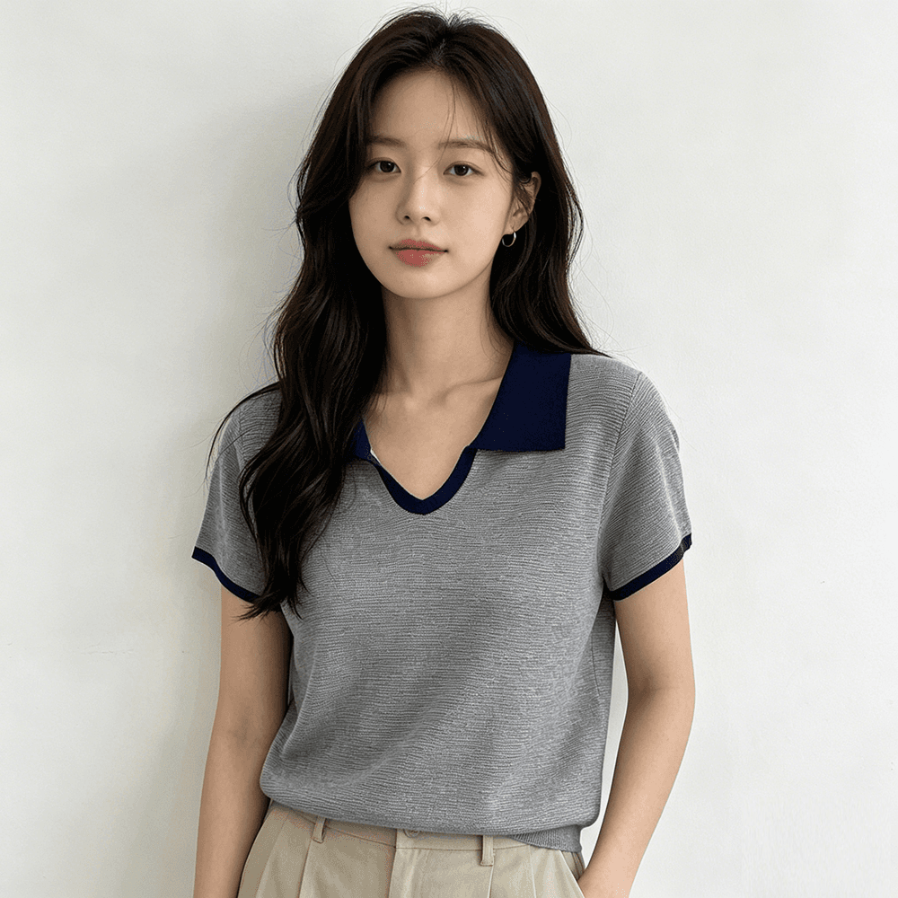 실사 한 부서 학원 스타일 단색 작은 v 폴로 칼라 높음 질감 니트 티셔츠 반팔 2026 여름 반소매 맨위 상세 이미지 3
