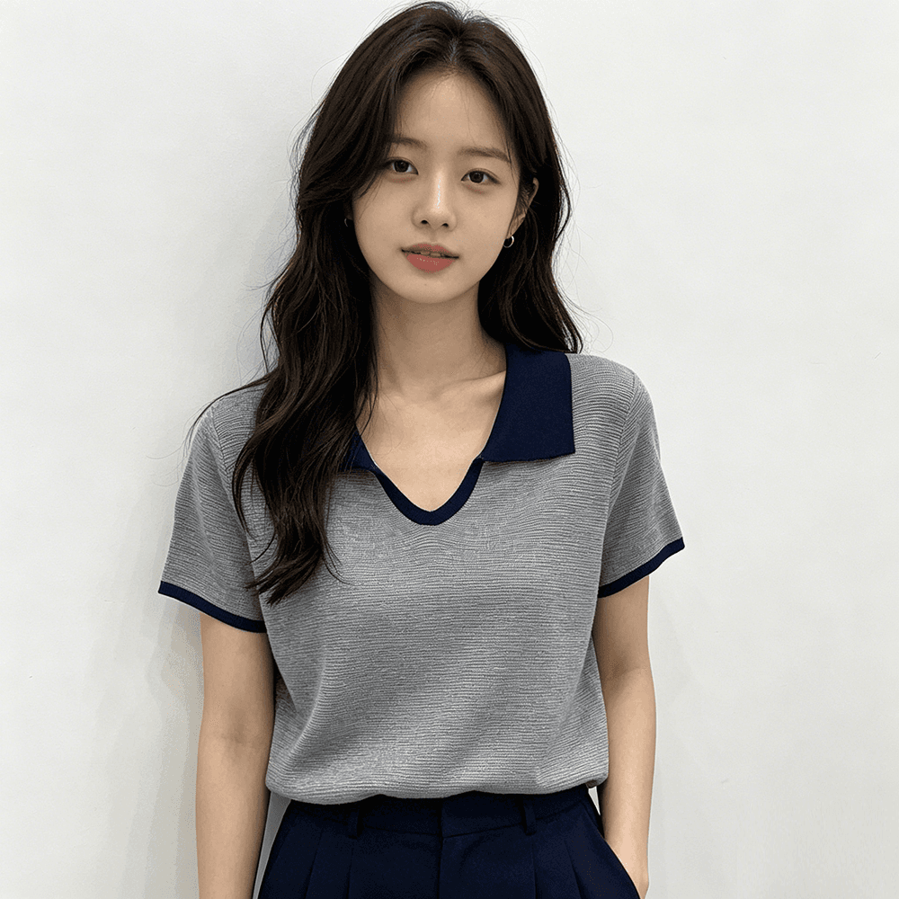 실사 한 부서 학원 스타일 단색 작은 v 폴로 칼라 높음 질감 니트 티셔츠 반팔 2026 여름 반소매 맨위 상세 이미지 7