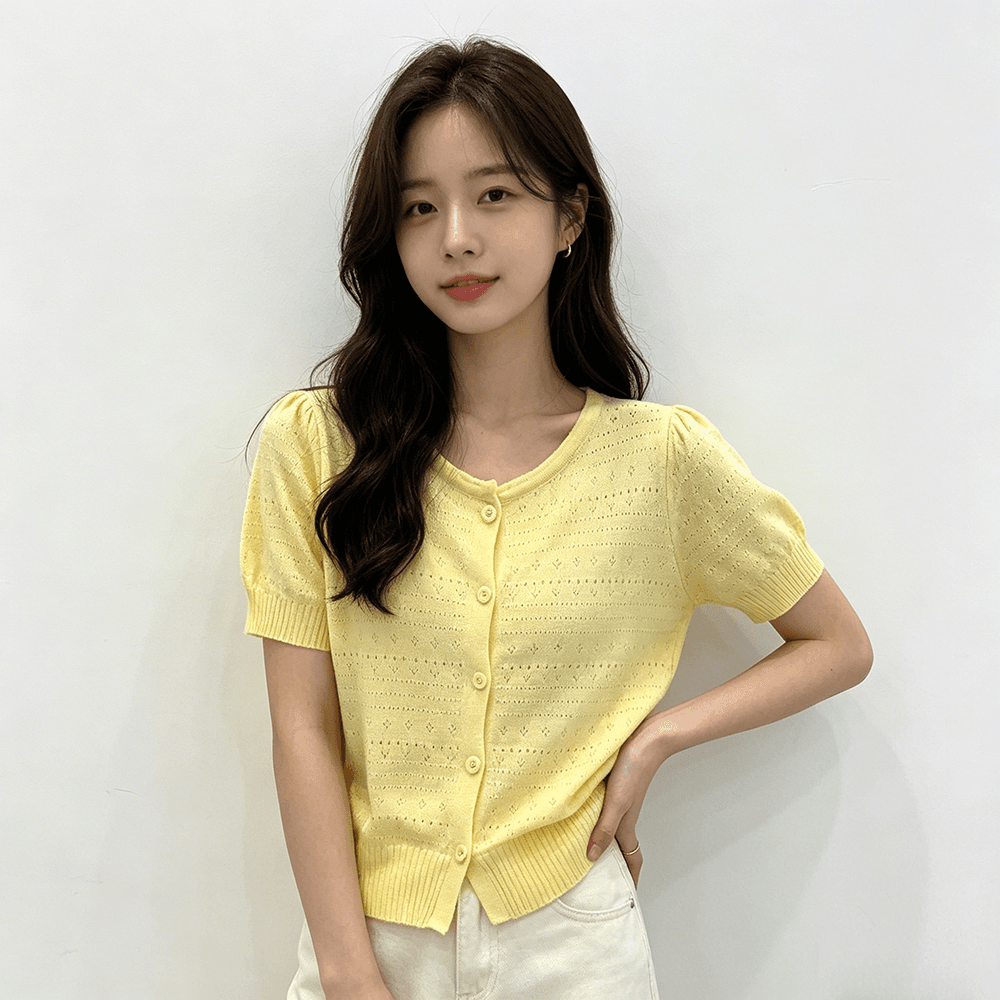실사 한국 동대문 여름 라운드 넥 단추 작은 샤넬 스타일 반팔 티셔츠 여성 홀로우 아웃 얇은 스타일 니트 오픈 가디건 상세 이미지 2
