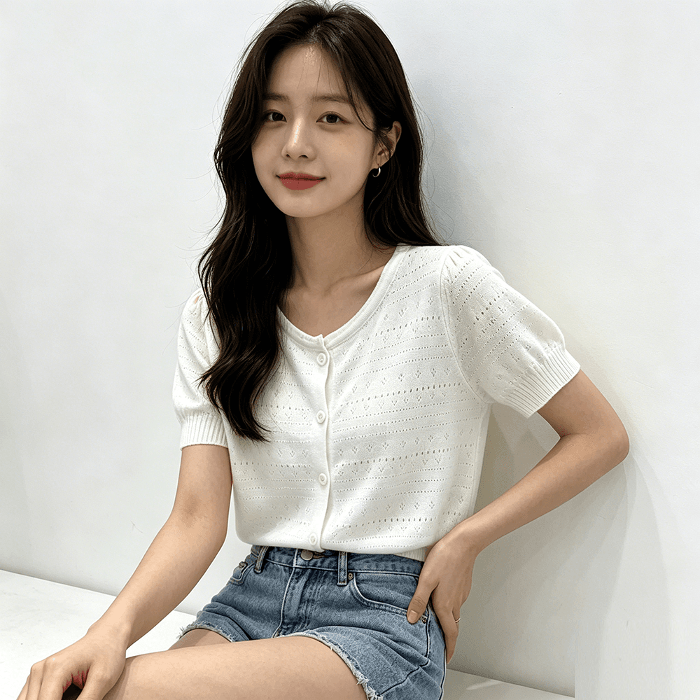 실사 한국 동대문 여름 라운드 넥 단추 작은 샤넬 스타일 반팔 티셔츠 여성 홀로우 아웃 얇은 스타일 니트 오픈 가디건 상세 이미지 4