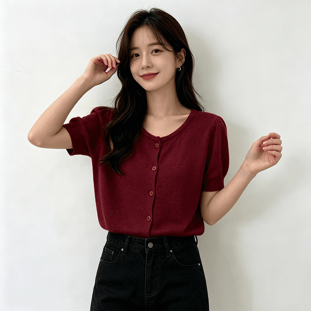 실사 한국 동대문 여름 라운드 넥 단추 작은 샤넬 스타일 반팔 티셔츠 여성 홀로우 아웃 얇은 스타일 니트 오픈 가디건 상세 이미지 5