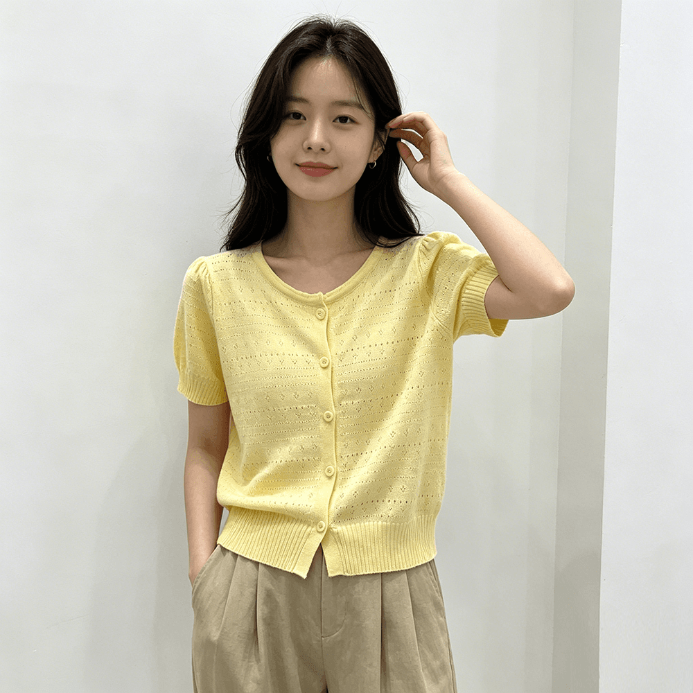 실사 한국 동대문 여름 라운드 넥 단추 작은 샤넬 스타일 반팔 티셔츠 여성 홀로우 아웃 얇은 스타일 니트 오픈 가디건 상세 이미지 7