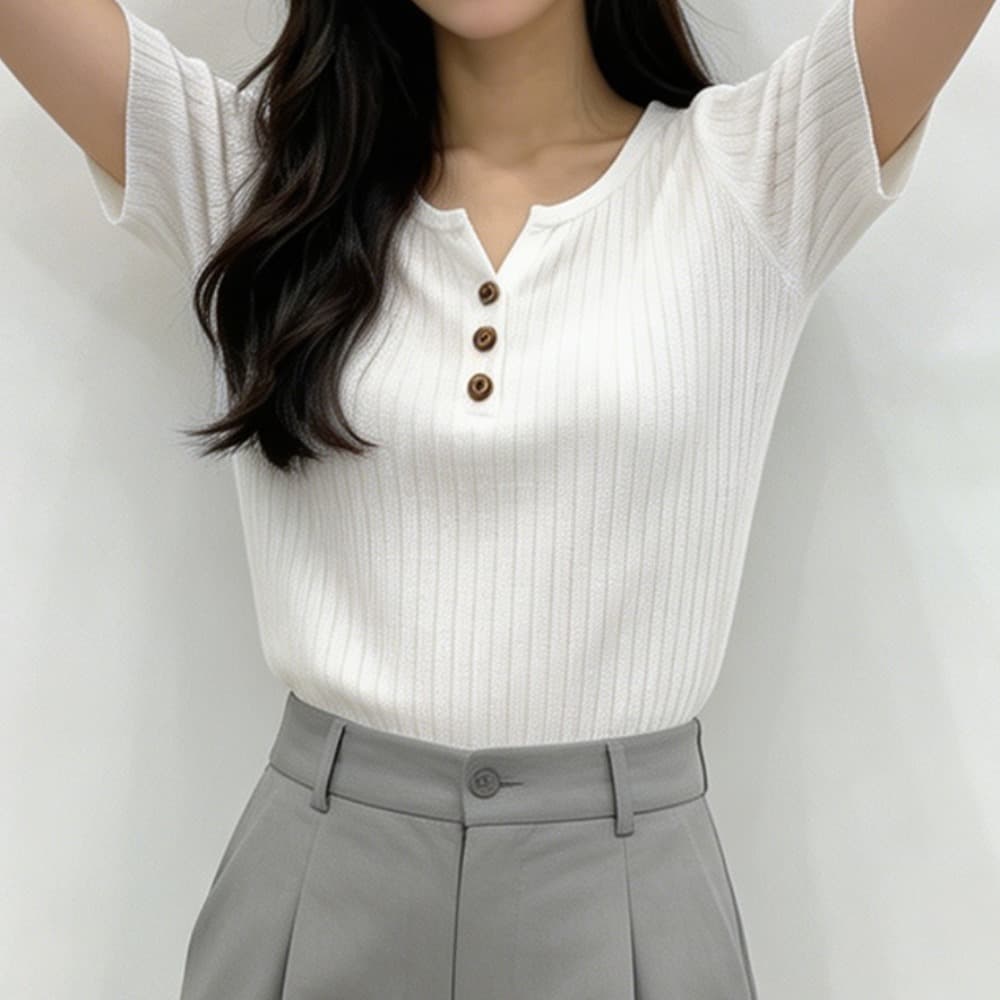 실사 한국 일상 단색 라운드 넥 니트 스웨터 반소매 반팔 맨위 여성 여름 새로운 티셔츠 이미지 3