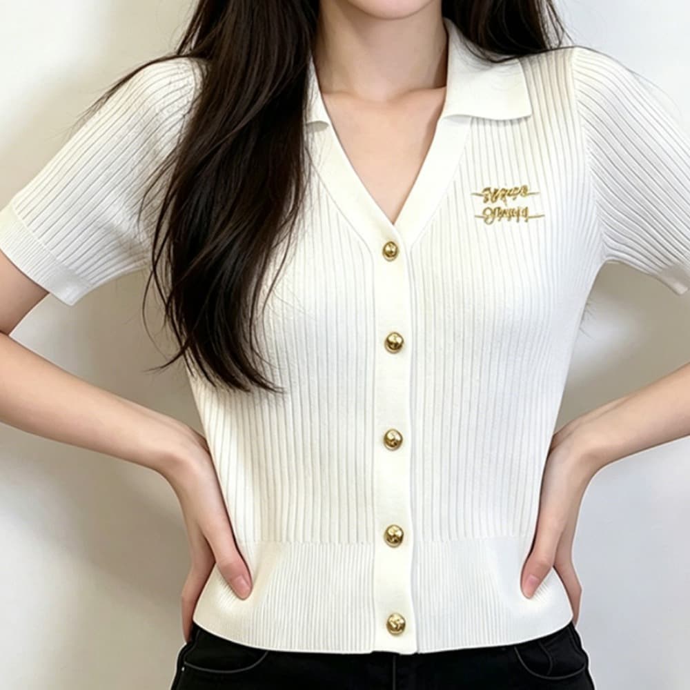 실사 한 부서 작은 v 폴로 칼라 금속 단추 몸매 가꾸기 니트 스웨터 오픈 가디건 여성 셔츠 반팔 티셔츠 이미지 4