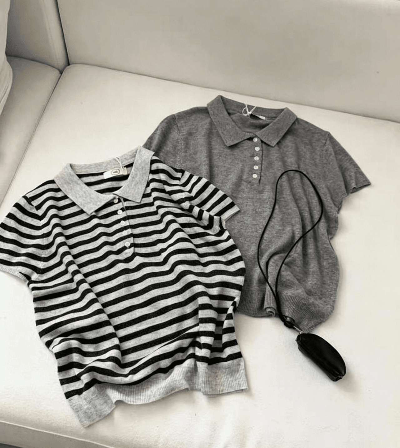 실사 한 부서 배색 스트라이프 POLO 칼라 니트 반팔 티셔츠 여성 여름 몸매 가꾸기 슬림해 보이는 아름다운 폴로 칼라 맨위 상세 이미지 1
