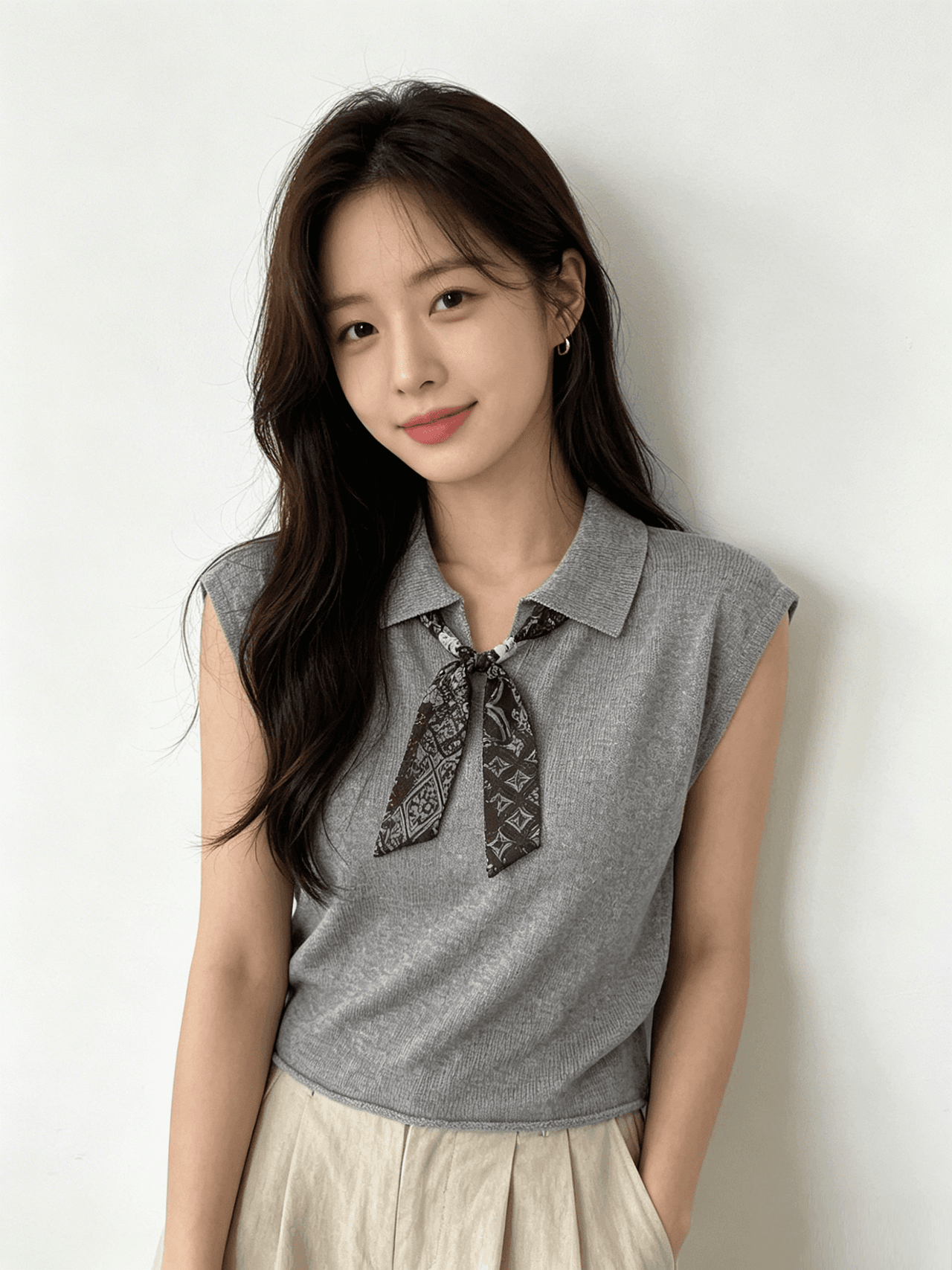 실사 한 부서 폴로 칼라 아마 경기 패션 스카프 민소매 니트 스웨터 티셔츠 여성 셔츠 여름 얇은 스타일 상세 이미지 6