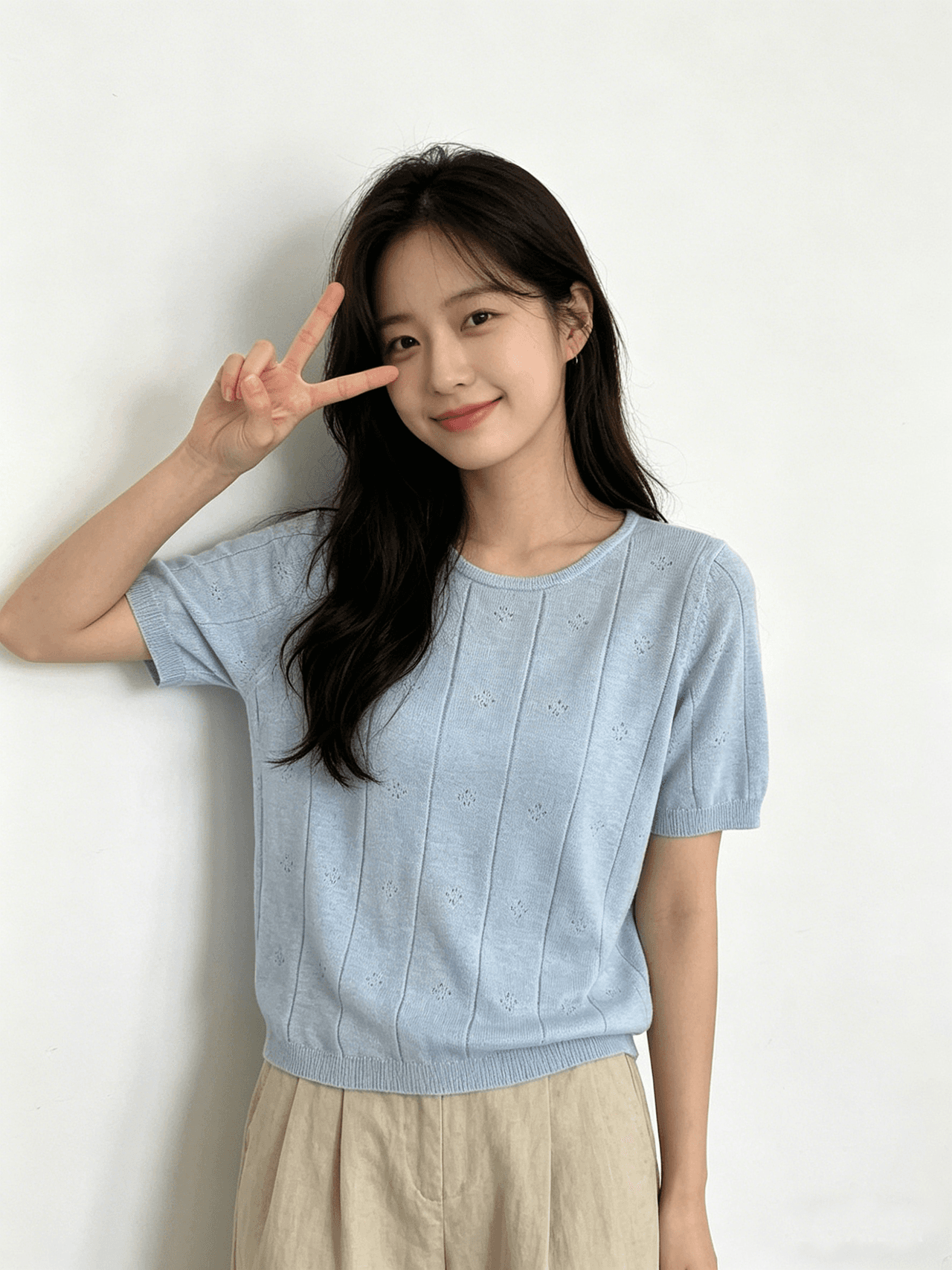 실사 한 부서 라운드 넥 루즈핏 얇고 가벼운 홀로우 아웃 니트 스웨터 티셔츠 반팔 여성 셔츠 상세 이미지 5