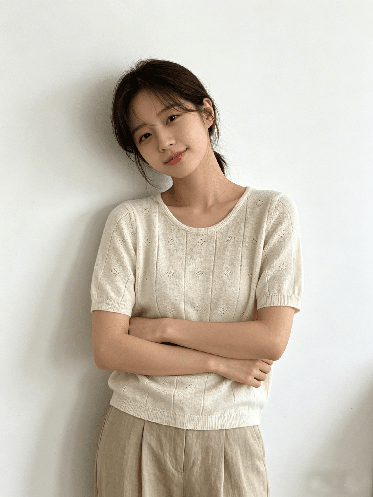 실사 한 부서 라운드 넥 루즈핏 얇고 가벼운 홀로우 아웃 니트 스웨터 티셔츠 반팔 여성 셔츠 상세 이미지 6