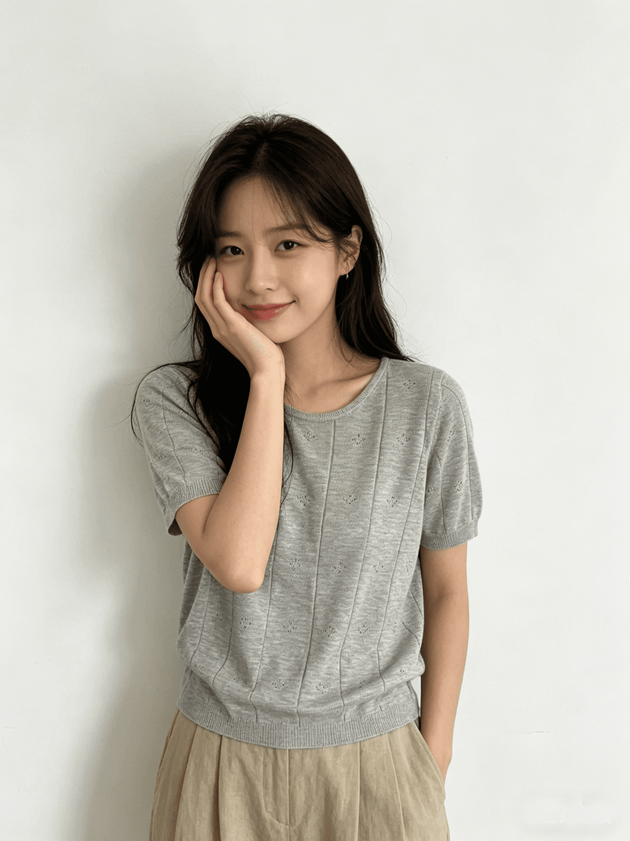 실사 한 부서 라운드 넥 루즈핏 얇고 가벼운 홀로우 아웃 니트 스웨터 티셔츠 반팔 여성 셔츠 상세 이미지 7