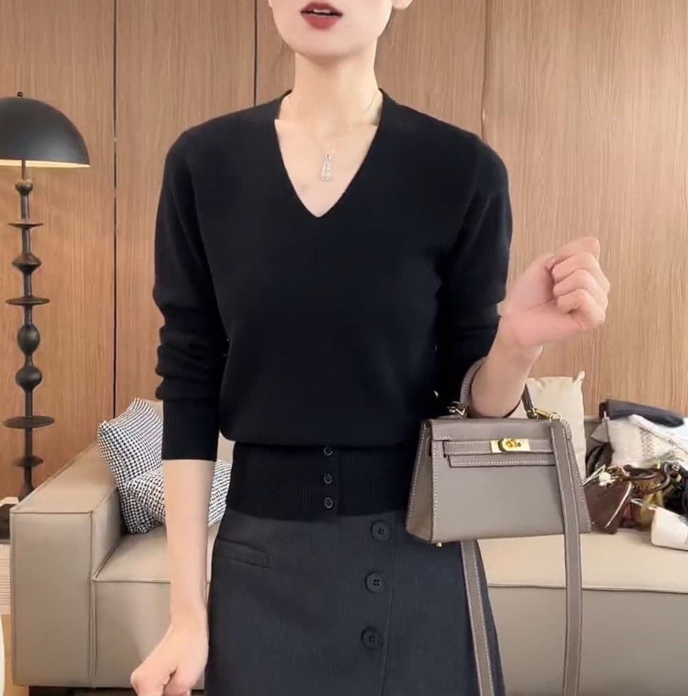 26 가을 한 부서 품격 다용도 V넥 단색 허리 수축 슬림해 보이는 스웨터 니트 스웨터 맨위 긴팔 상세 이미지 3