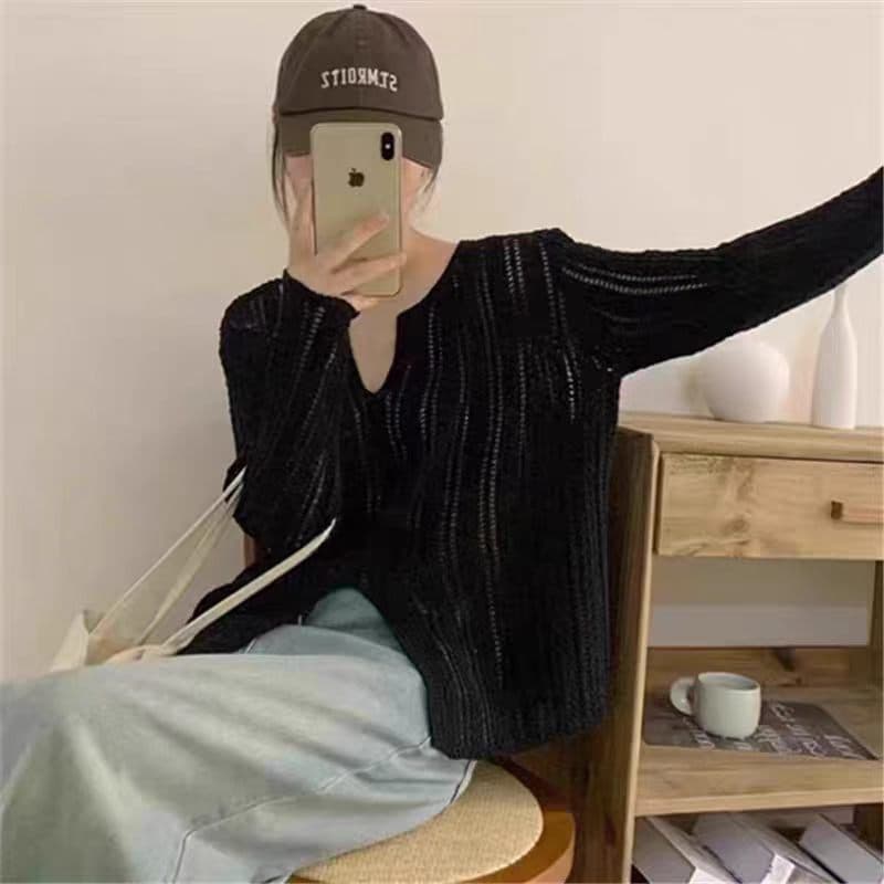한 부서 작은 V넥 홀로우 아웃 니트 불규칙 긴팔 트임 자외선 차단 블라우스 얇은 스타일 긴팔 맨위 여성 상세 이미지 3