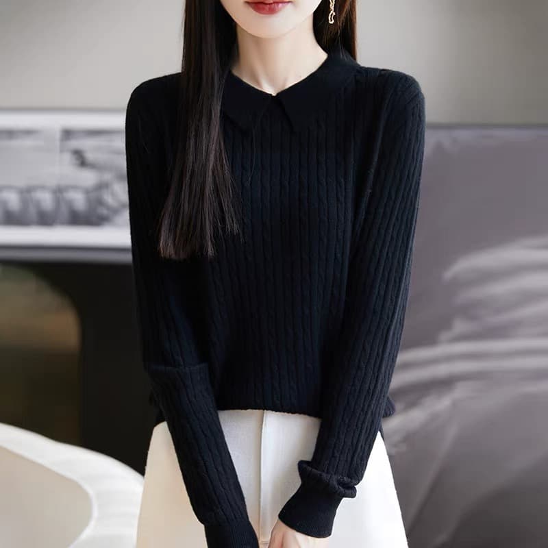 26 가을 새로운 한 부서 폴로 칼라 꽈배기 트위스트 로프 몸매 가꾸기 슬림해 보이는 니트 스웨터 스웨터 기본 셔츠 맨위 여성 상세 이미지 2