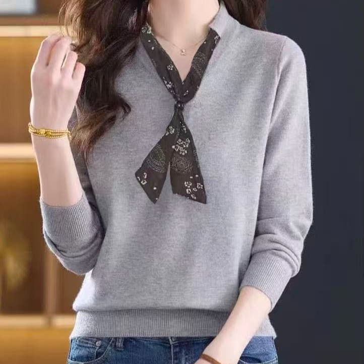 26 년 가을 새로운 라운드 넥 디자인 센스 스카프 넥타이 장식 단색 니트 스웨터 스웨터 만나는 외출용 맨위 이미지 4