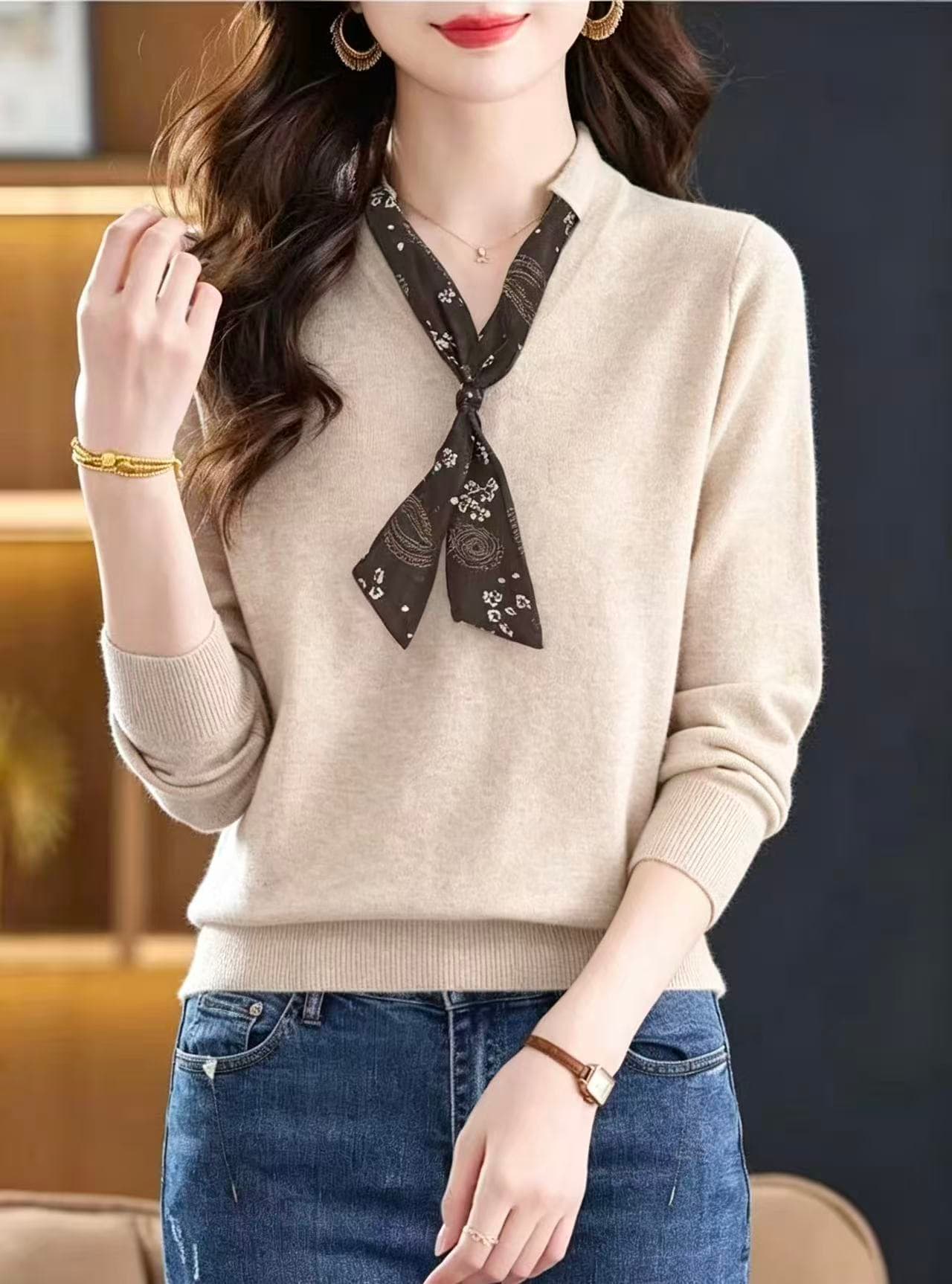 26 년 가을 새로운 라운드 넥 디자인 센스 스카프 넥타이 장식 단색 니트 스웨터 스웨터 만나는 외출용 맨위 상세 이미지 5