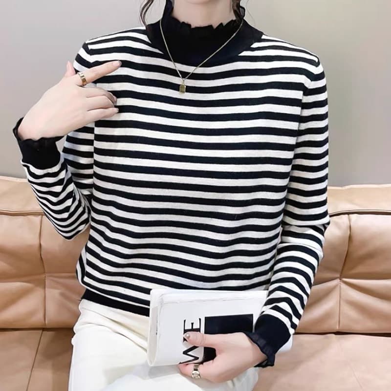 26 가을 겨울 새로운 반하이넥 레이스 레이스 칼라 패치워크 스트라이프 니트 스웨터 스웨터 기본 셔츠 맨위 이미지 2