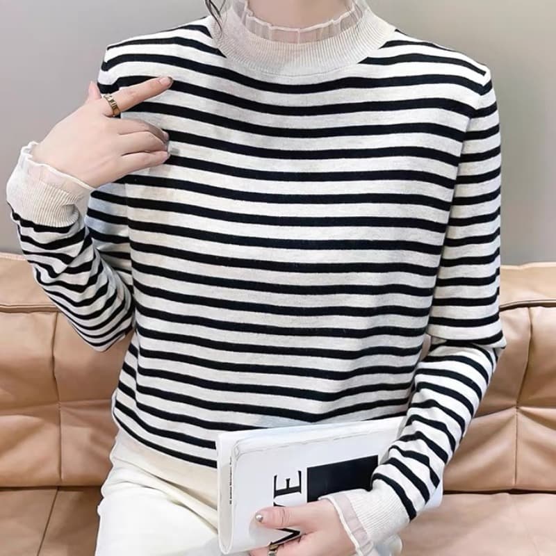 26 가을 겨울 새로운 반하이넥 레이스 레이스 칼라 패치워크 스트라이프 니트 스웨터 스웨터 기본 셔츠 맨위 이미지 3