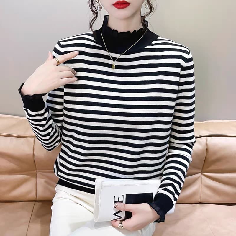 26 가을 겨울 새로운 반하이넥 레이스 레이스 칼라 패치워크 스트라이프 니트 스웨터 스웨터 기본 셔츠 맨위 상세 이미지 1