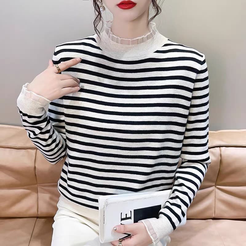 26 가을 겨울 새로운 반하이넥 레이스 레이스 칼라 패치워크 스트라이프 니트 스웨터 스웨터 기본 셔츠 맨위 상세 이미지 2