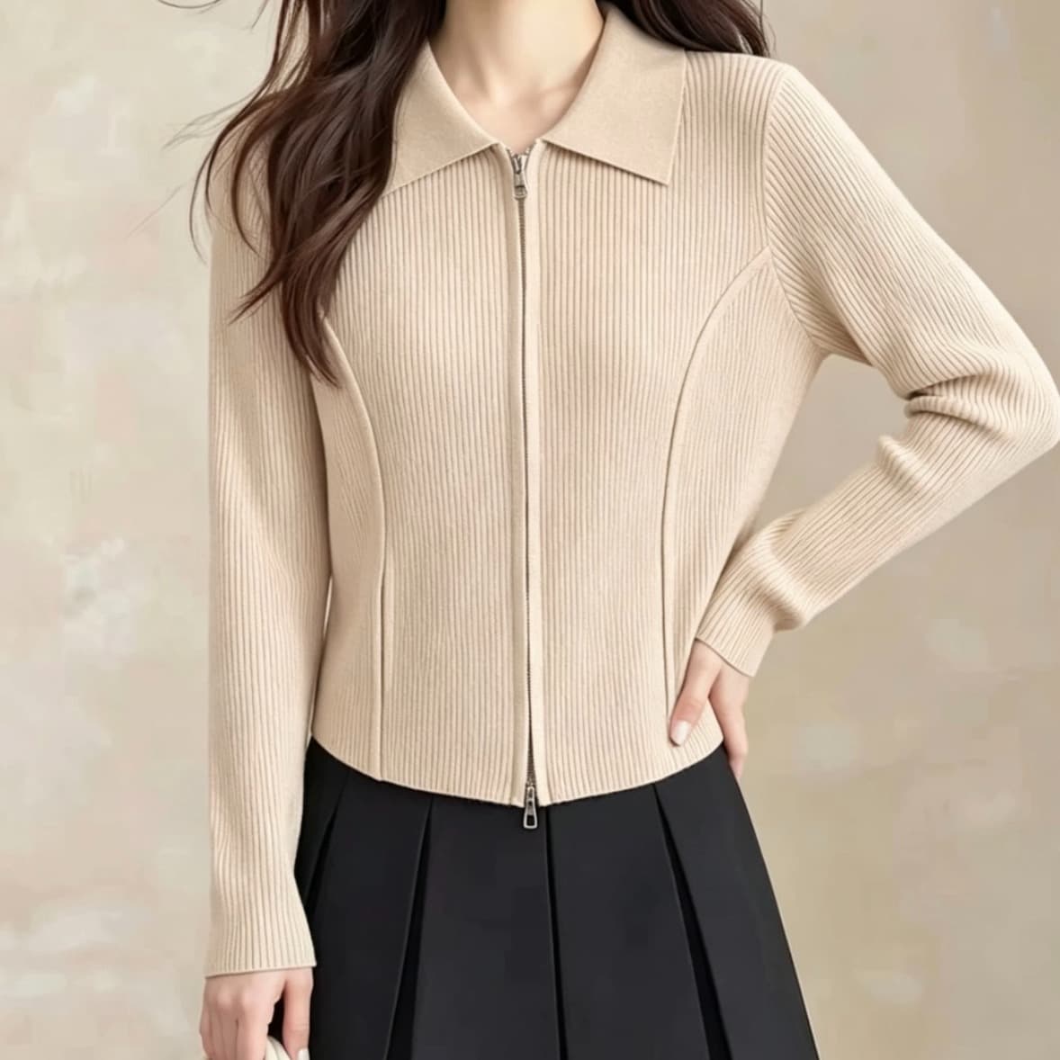 26 가을 새로운 패션 폴로 칼라 더블 지퍼 긴팔 패키지 심장 실 니트 오픈 가디건 몸매 가꾸기 슬림해 보이는 스웨터 여성 셔츠