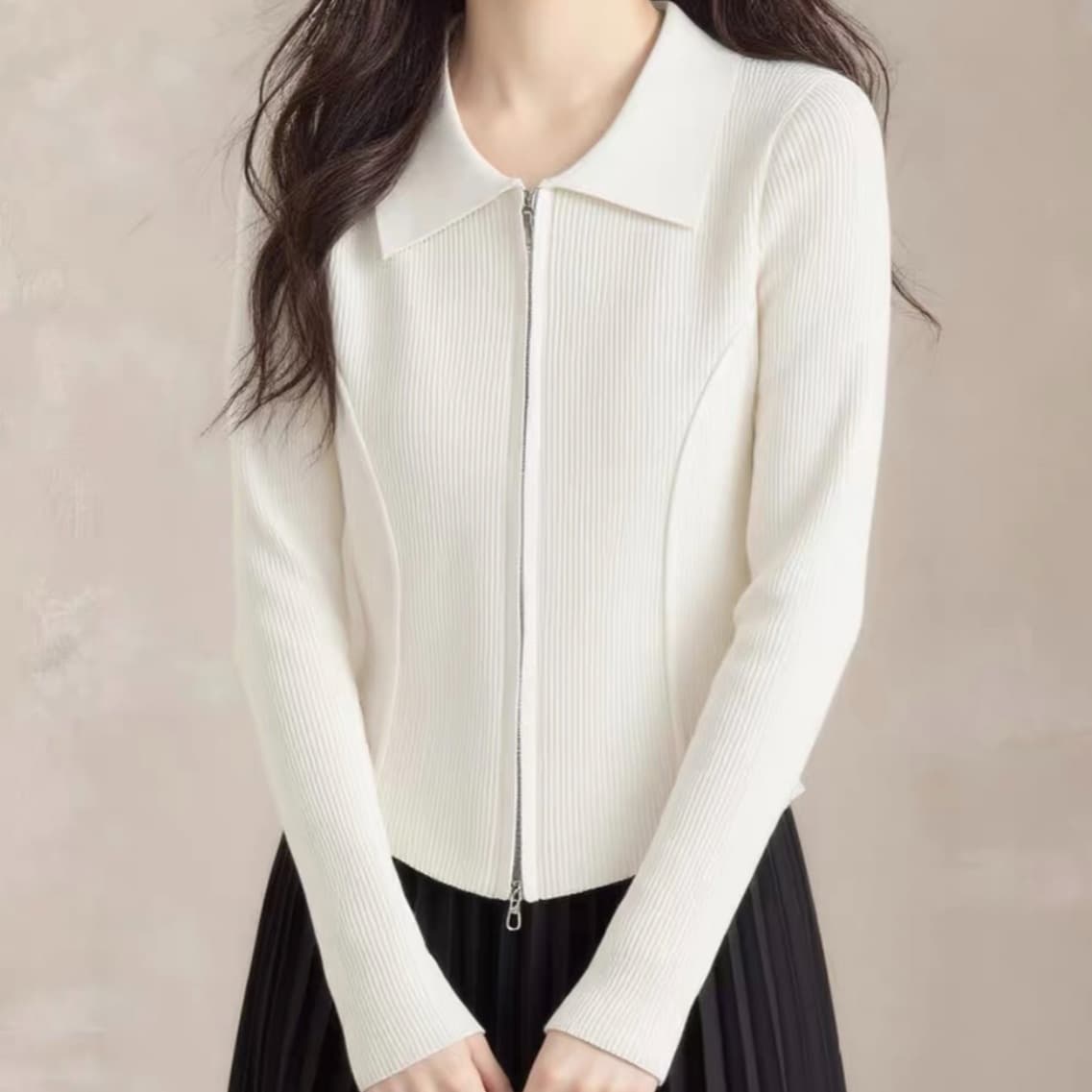 26 가을 새로운 패션 폴로 칼라 더블 지퍼 긴팔 패키지 심장 실 니트 오픈 가디건 몸매 가꾸기 슬림해 보이는 스웨터 여성 셔츠 이미지 2
