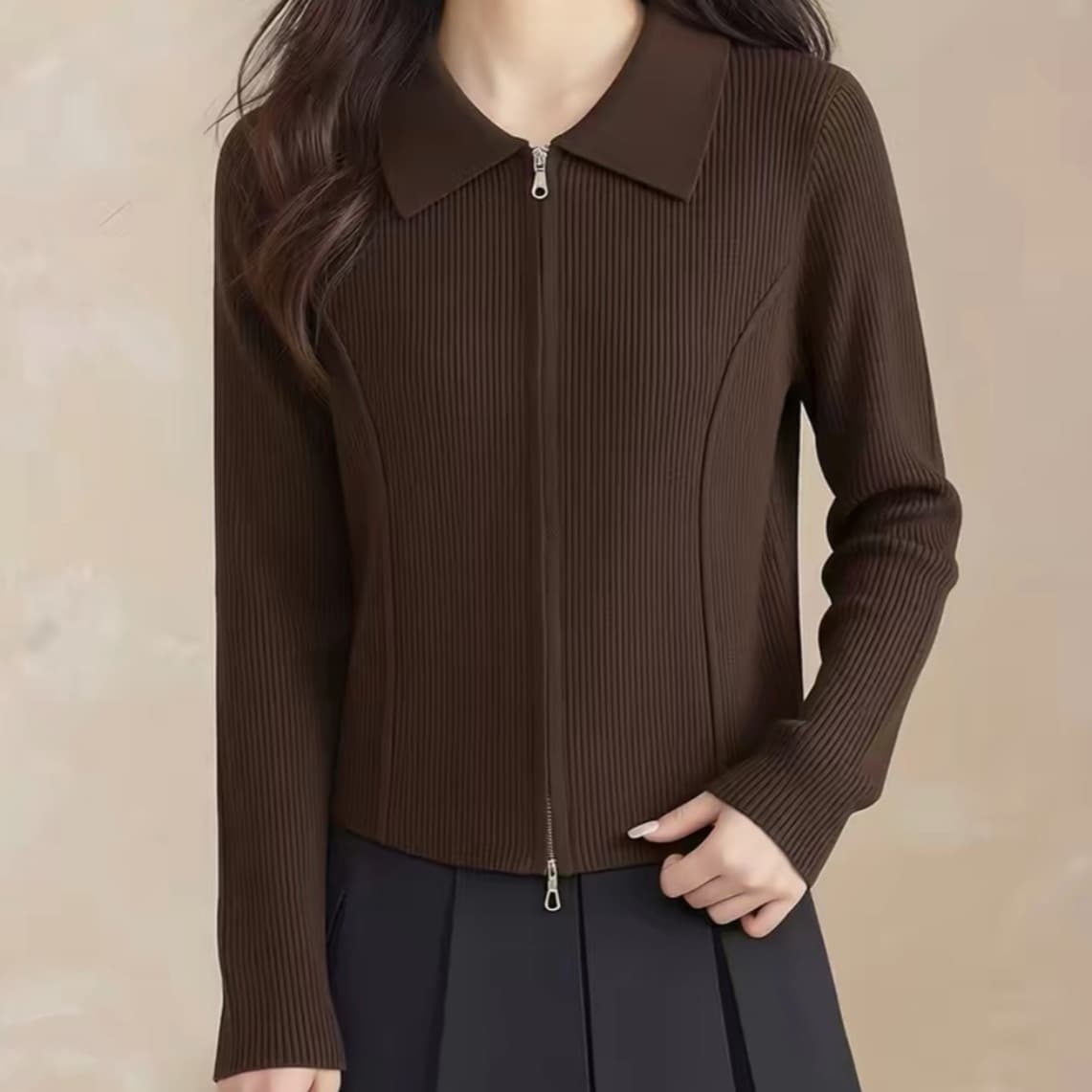 26 가을 새로운 패션 폴로 칼라 더블 지퍼 긴팔 패키지 심장 실 니트 오픈 가디건 몸매 가꾸기 슬림해 보이는 스웨터 여성 셔츠 이미지 3