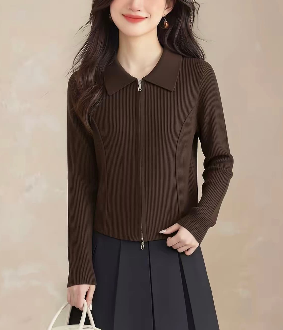 26 가을 새로운 패션 폴로 칼라 더블 지퍼 긴팔 패키지 심장 실 니트 오픈 가디건 몸매 가꾸기 슬림해 보이는 스웨터 여성 셔츠 상세 이미지 6