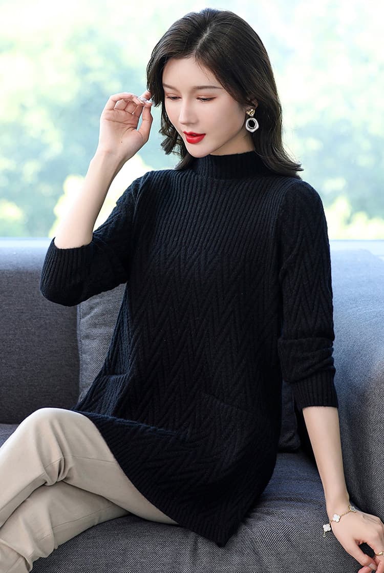 26 가을 겨울 새로운 카디건 중간 길이 루즈핏 인사이드 가져 가라. 스웨터 여자 중년 로드 중 반하이넥 니트 기본 셔츠 상세 이미지 2