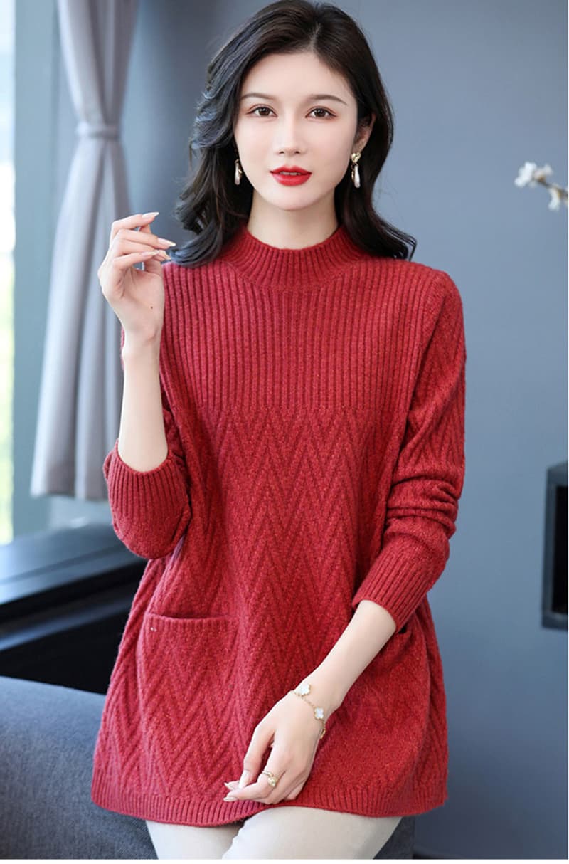 26 가을 겨울 새로운 카디건 중간 길이 루즈핏 인사이드 가져 가라. 스웨터 여자 중년 로드 중 반하이넥 니트 기본 셔츠 상세 이미지 6