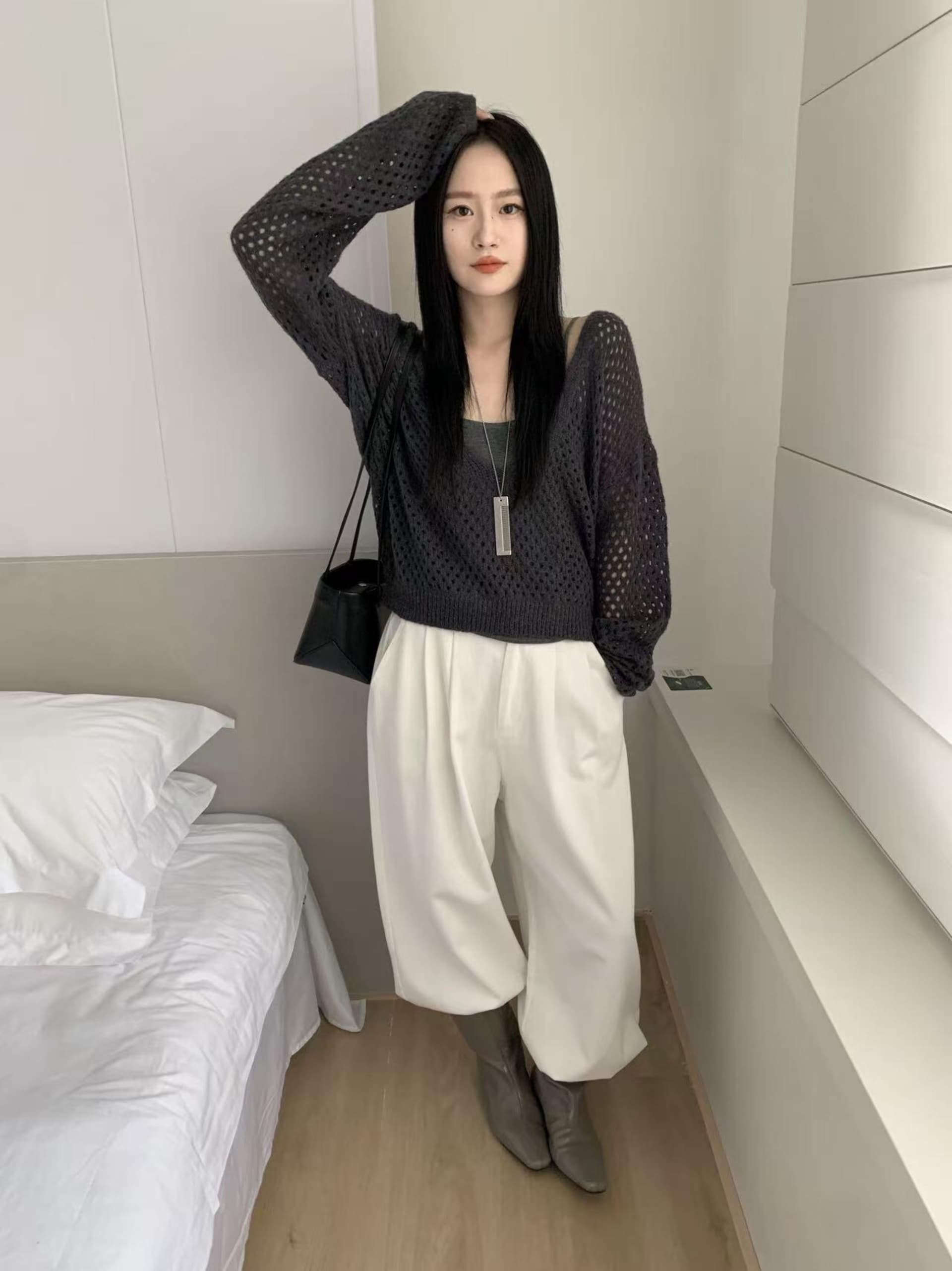 한 부서 느긋한 바람 홀로우 아웃 니트 스웨터 여성 가을 새로운 루즈핏 슬림해 보이는 다용도 슬립 블라우스 맨위 투피스 세트 상세 이미지 10