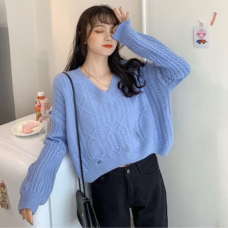 한국 찢어진 부분 꽈배기 스웨터 여자 니트 스웨터 풀오버 V넥 루즈핏 느긋한 가을 겨울 쇼트 스타일 만나는 다용도 맨위 이미지 4