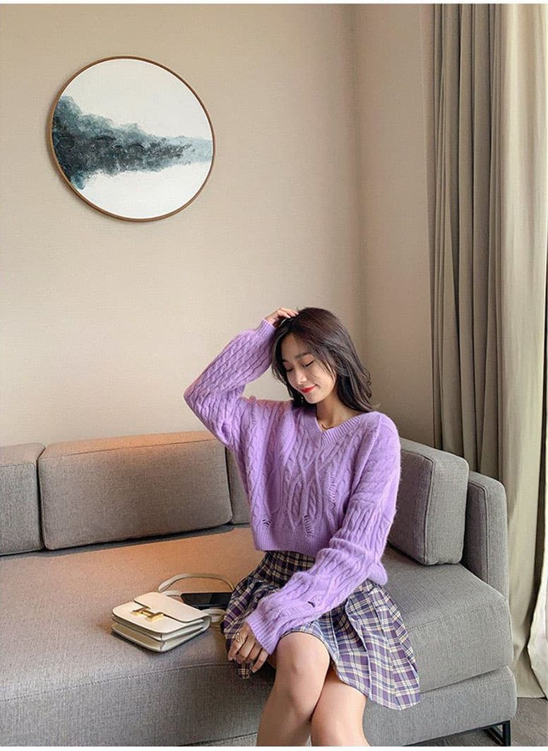한국 찢어진 부분 꽈배기 스웨터 여자 니트 스웨터 풀오버 V넥 루즈핏 느긋한 가을 겨울 쇼트 스타일 만나는 다용도 맨위 상세 이미지 4