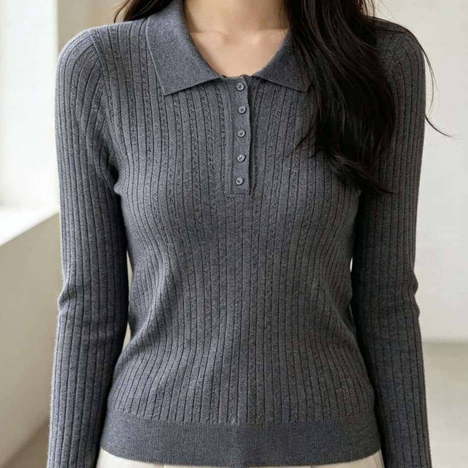 26 년 가을 새로운 POLO 칼라 폴로 칼라 니트 스웨터 양모 얇은 스타일 기본 셔츠 여성 스웨터 긴팔 인사이드 잡아라. 의류 이미지 2
