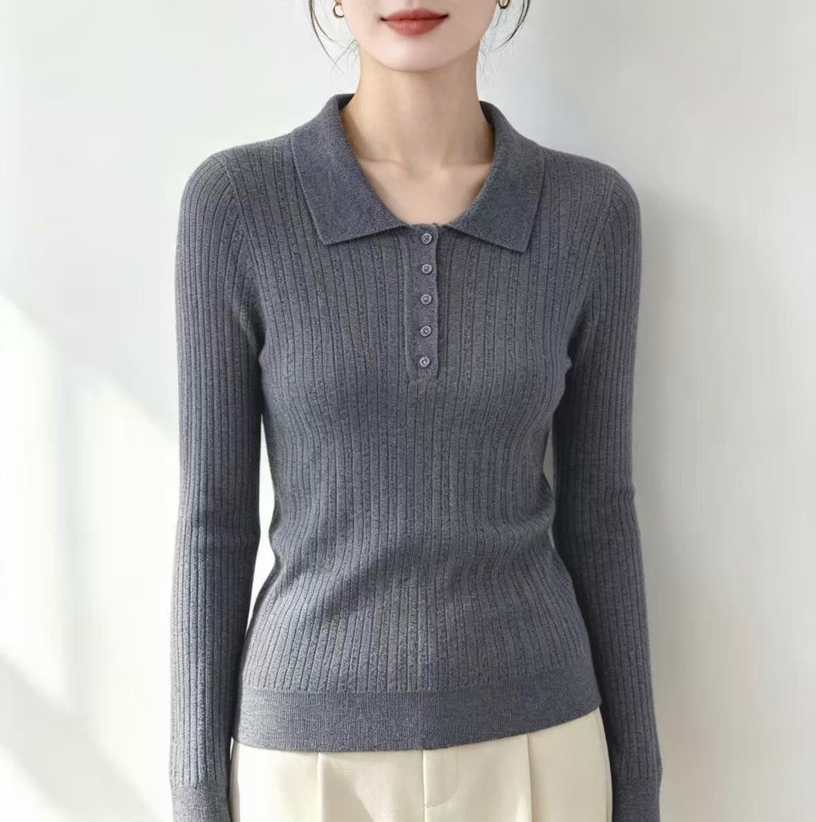 26 년 가을 새로운 POLO 칼라 폴로 칼라 니트 스웨터 양모 얇은 스타일 기본 셔츠 여성 스웨터 긴팔 인사이드 잡아라. 의류 상세 이미지 6