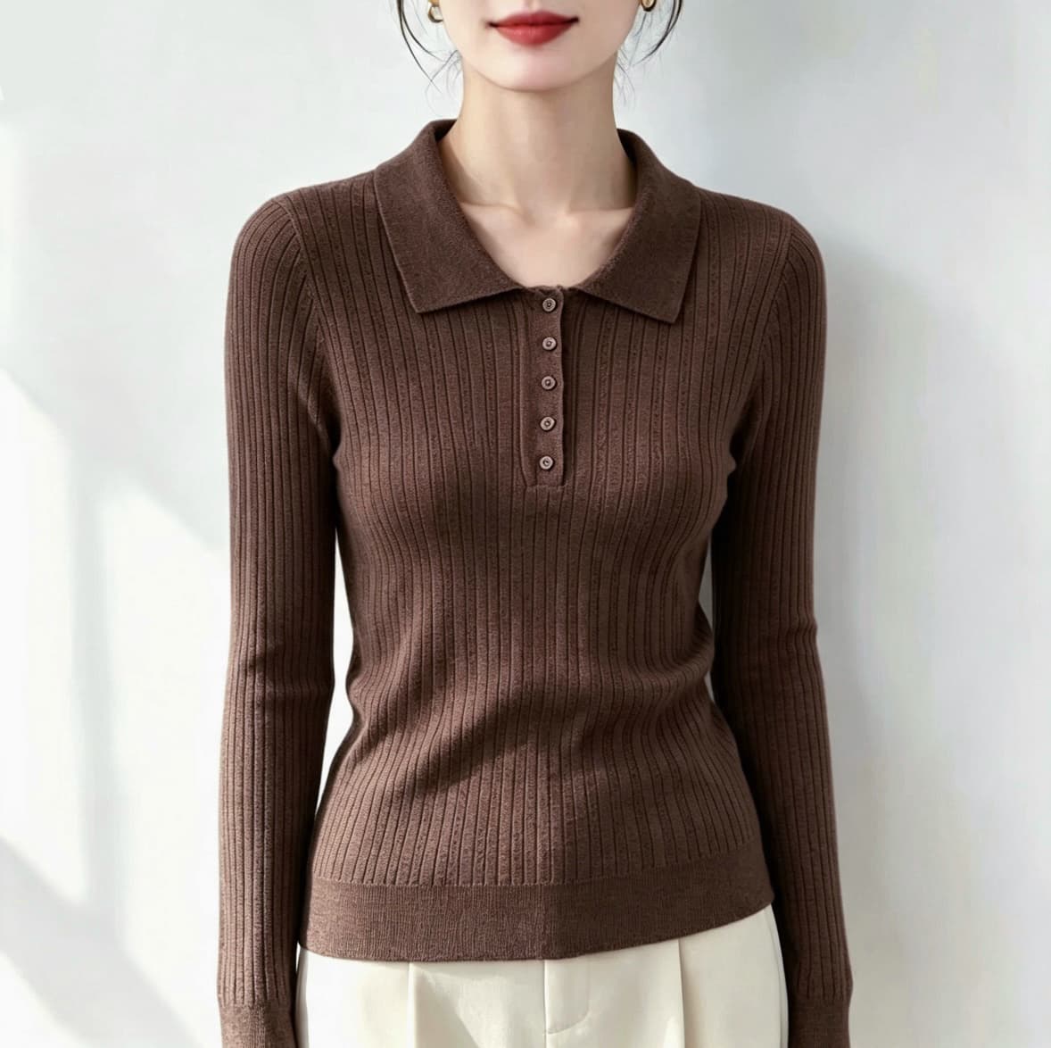 26 년 가을 새로운 POLO 칼라 폴로 칼라 니트 스웨터 양모 얇은 스타일 기본 셔츠 여성 스웨터 긴팔 인사이드 잡아라. 의류 상세 이미지 7