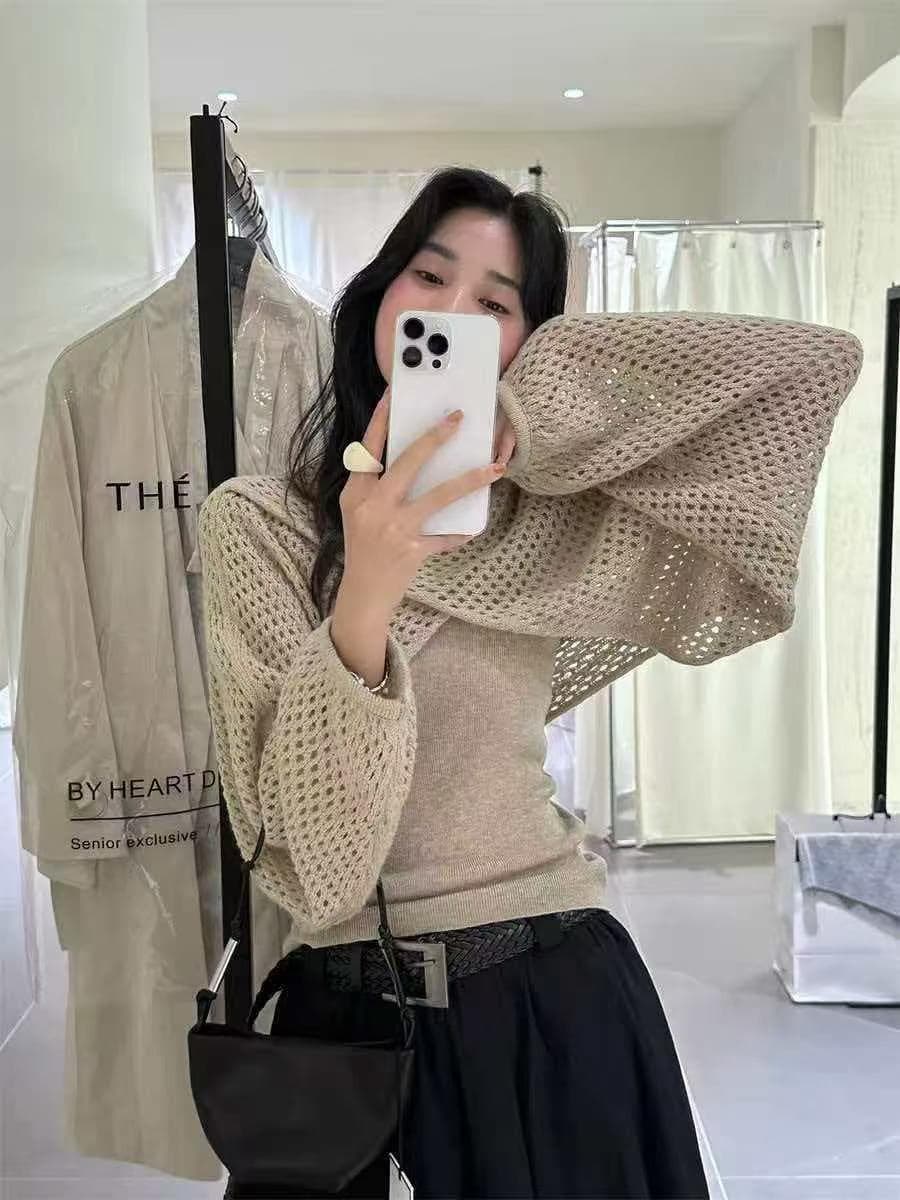 부드러운 바람 홀로우 아웃 스웨터 숄 블라우스 맨위 여성 가을 착용 가져 가라. 디자인 센스 작은 대중 어깨 슬립 투피스 세트 상세 이미지 2